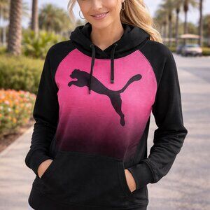 Puma Hooded Sweatshirt Hoodie Graphic Logo Ombre Pink Stripes Pockets Size Large